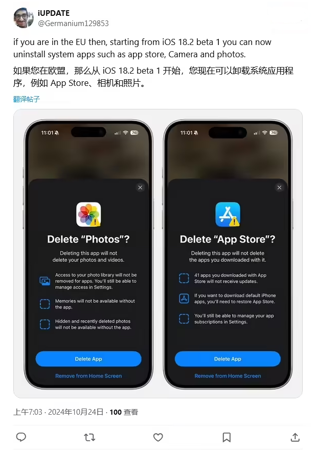 师宗苹果手机维修分享iOS 18.2 支持删除 App Store 应用商店 